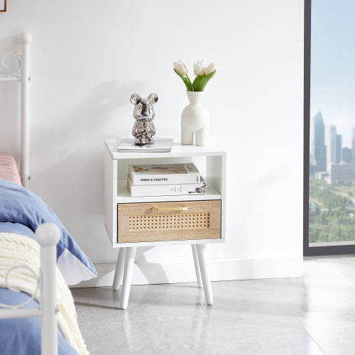 Rattan End Table with Drawer and Solid Wood Legs, Modern Nightstand Side Table for Bedroom Living Room, White