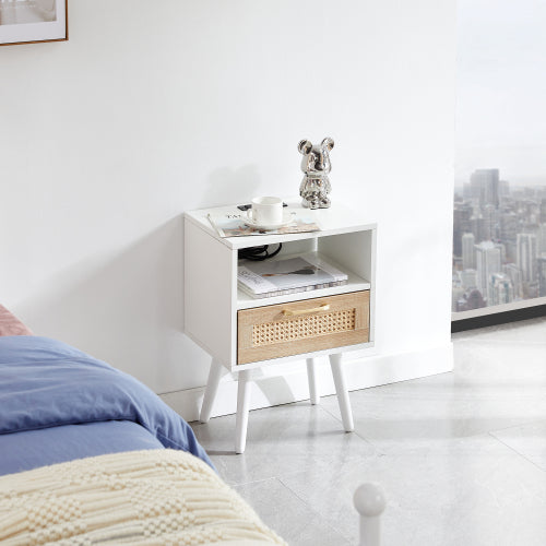 Rattan Nightstand with Charging Station, USB Ports and Drawer, Modern Bedside Table with Solid Wood Legs, White