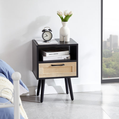 Black Rattan Nightstand with Drawer & Wood Legs