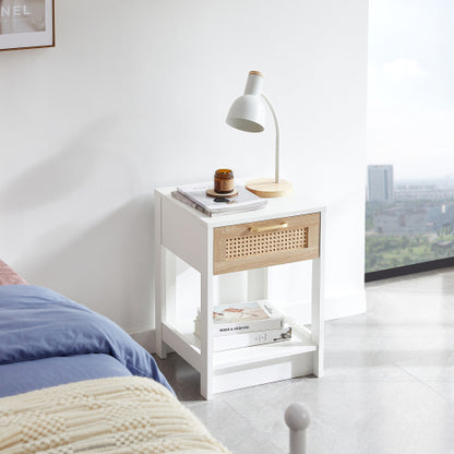 White Rattan Nightstand with Drawer, Modern Bedside Table with Storage Cabinet, Woven Side Table for Bedroom Living Room