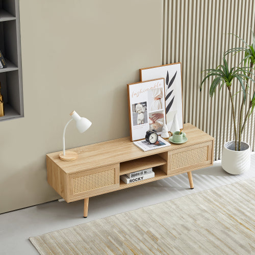 55.12 Inch Natural Rattan Sliding Door TV Cabinet With Adjustable Shelf