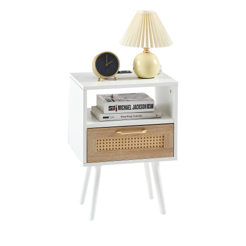 Rattan Nightstand with Charging Station, USB Ports and Drawer, Modern Bedside Table with Solid Wood Legs, White