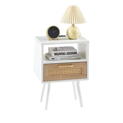 Rattan Nightstand with Charging Station, USB Ports and Drawer, Modern Bedside Table with Solid Wood Legs, White