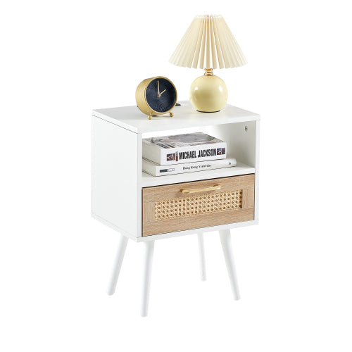 Rattan Nightstand with Charging Station, USB Ports and Drawer, Modern Bedside Table with Solid Wood Legs, White
