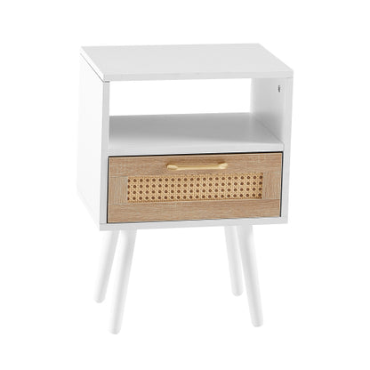 Rattan End Table with Drawer and Solid Wood Legs, Modern Nightstand Side Table for Bedroom Living Room, White