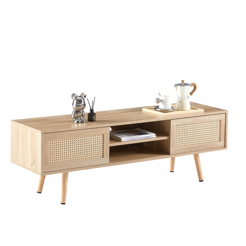 55.12 Inch Natural Rattan Sliding Door TV Cabinet With Adjustable Shelf