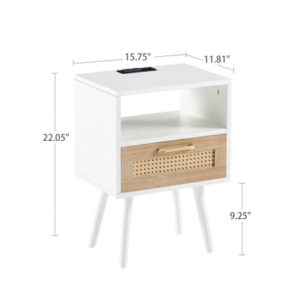 Rattan Nightstand with Charging Station, USB Ports and Drawer, Modern Bedside Table with Solid Wood Legs, White