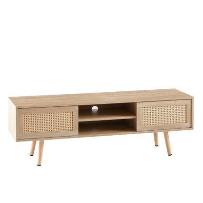 55.12 Inch Natural Rattan Sliding Door TV Cabinet With Adjustable Shelf