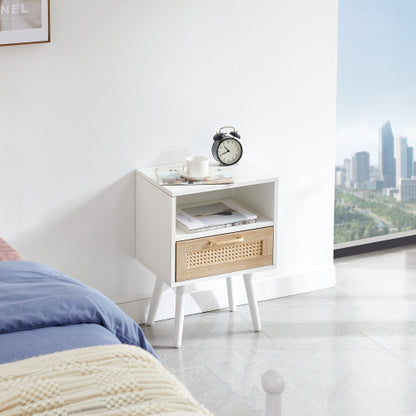 Rattan End Table with Drawer and Solid Wood Legs, Modern Nightstand Side Table for Bedroom Living Room, White