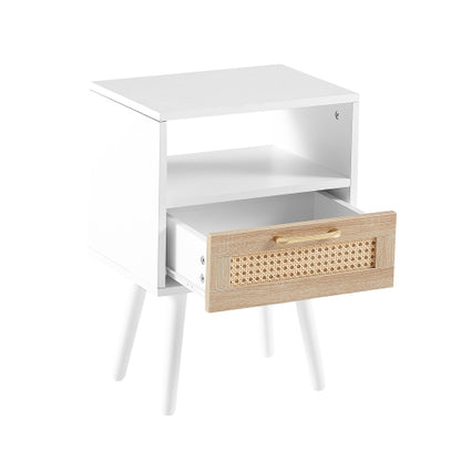 Rattan End Table with Drawer and Solid Wood Legs, Modern Nightstand Side Table for Bedroom Living Room, White
