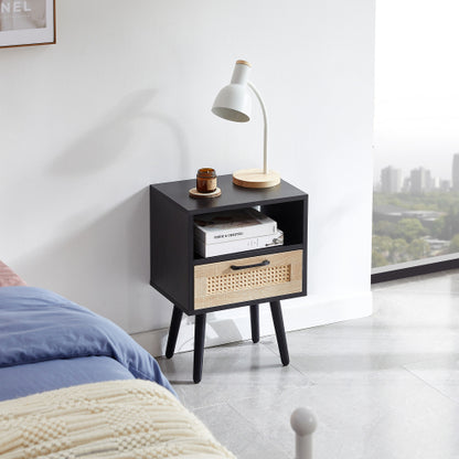 Black Rattan Nightstand with Drawer & Wood Legs