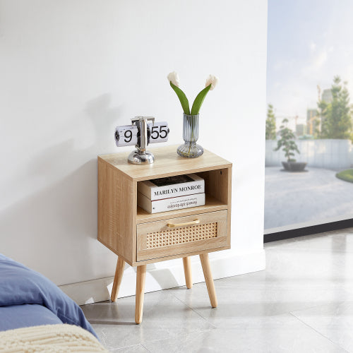 Natural Rattan Nightstand with Drawer & Wood Legs