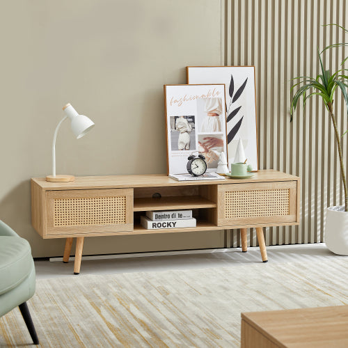 55.12 Inch Natural Rattan Sliding Door TV Cabinet With Adjustable Shelf