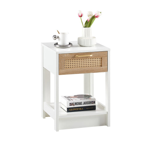 White Rattan Nightstand with Drawer, Modern Bedside Table with Storage Cabinet, Woven Side Table for Bedroom Living Room