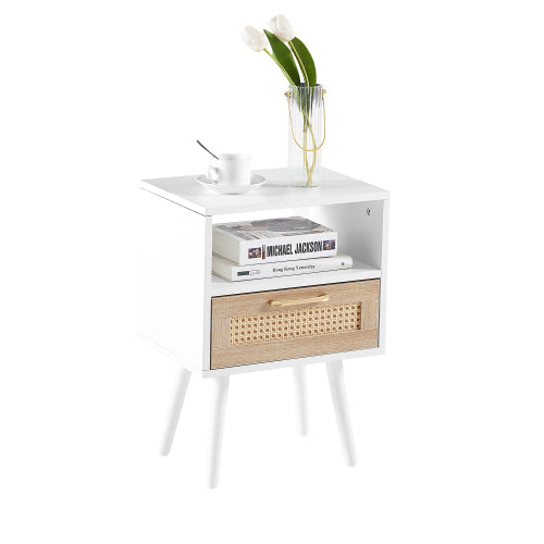 Rattan End Table with Drawer and Solid Wood Legs, Modern Nightstand Side Table for Bedroom Living Room, White