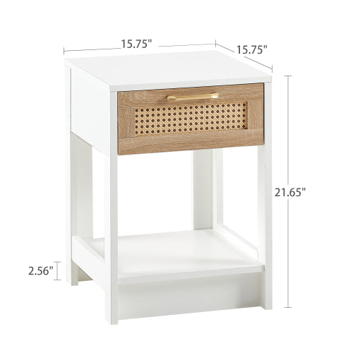 White Rattan Nightstand with Drawer, Modern Bedside Table with Storage Cabinet, Woven Side Table for Bedroom Living Room