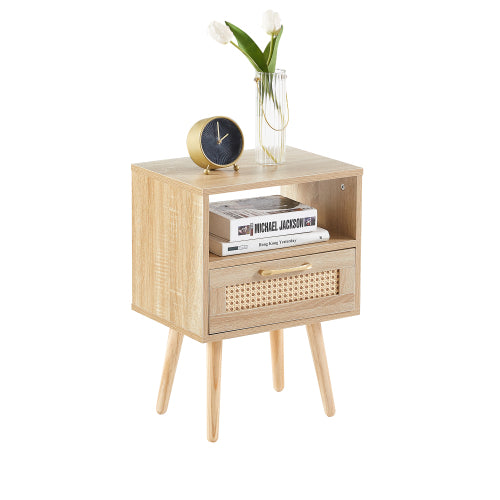 Natural Rattan Nightstand with Drawer & Wood Legs