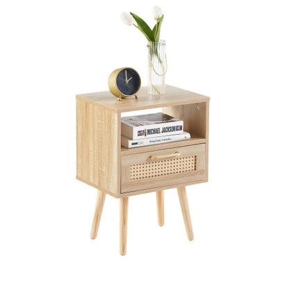 Natural Rattan Nightstand with Drawer & Wood Legs