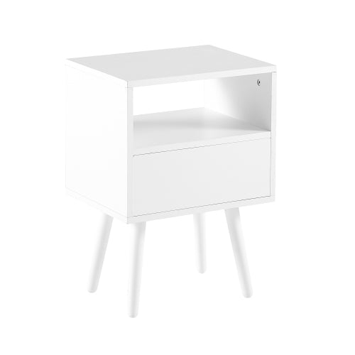 Rattan End Table with Drawer and Solid Wood Legs, Modern Nightstand Side Table for Bedroom Living Room, White