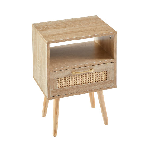 Natural Rattan Nightstand with Drawer & Wood Legs