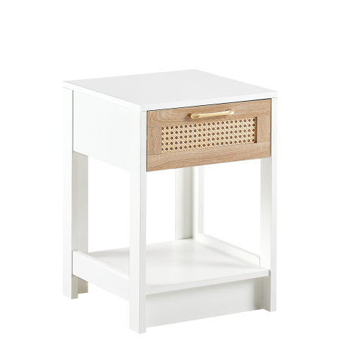 White Rattan Nightstand with Drawer, Modern Bedside Table with Storage Cabinet, Woven Side Table for Bedroom Living Room