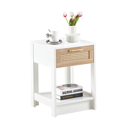 White Rattan Nightstand with Drawer, Modern Bedside Table with Storage Cabinet, Woven Side Table for Bedroom Living Room