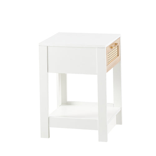 White Rattan Nightstand with Drawer, Modern Bedside Table with Storage Cabinet, Woven Side Table for Bedroom Living Room
