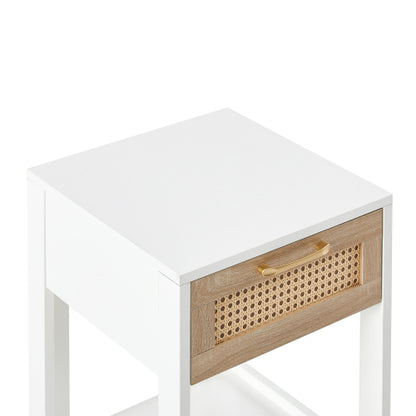 White Rattan Nightstand with Drawer, Modern Bedside Table with Storage Cabinet, Woven Side Table for Bedroom Living Room