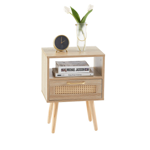 Natural Rattan Nightstand with Drawer & Wood Legs