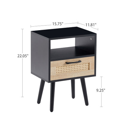 Black Rattan Nightstand with Drawer & Wood Legs