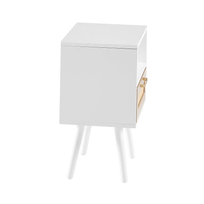 Rattan End Table with Drawer and Solid Wood Legs, Modern Nightstand Side Table for Bedroom Living Room, White