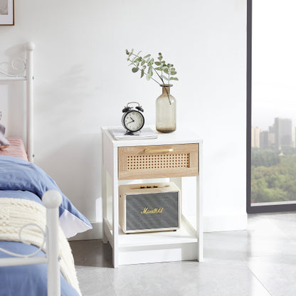White Rattan Nightstand with Drawer, Modern Bedside Table with Storage Cabinet, Woven Side Table for Bedroom Living Room