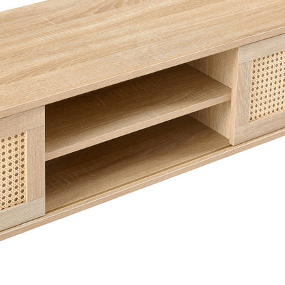 55.12 Inch Natural Rattan Sliding Door TV Cabinet With Adjustable Shelf