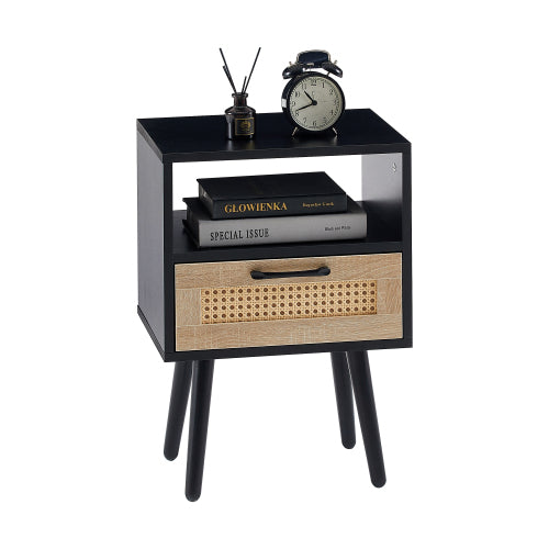 Black Rattan Nightstand with Drawer & Wood Legs