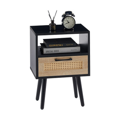 Black Rattan Nightstand with Drawer & Wood Legs