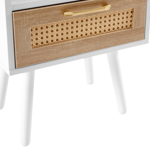 Rattan End Table with Drawer and Solid Wood Legs, Modern Nightstand Side Table for Bedroom Living Room, White