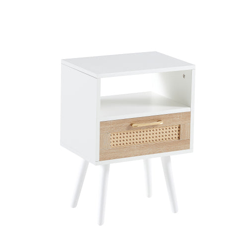 Rattan End Table with Drawer and Solid Wood Legs, Modern Nightstand Side Table for Bedroom Living Room, White