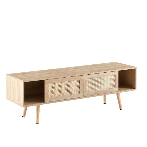 55.12 Inch Natural Rattan Sliding Door TV Cabinet With Adjustable Shelf