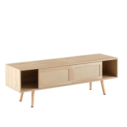 55.12 Inch Natural Rattan Sliding Door TV Cabinet With Adjustable Shelf