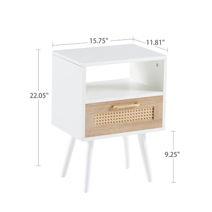 Rattan End Table with Drawer and Solid Wood Legs, Modern Nightstand Side Table for Bedroom Living Room, White