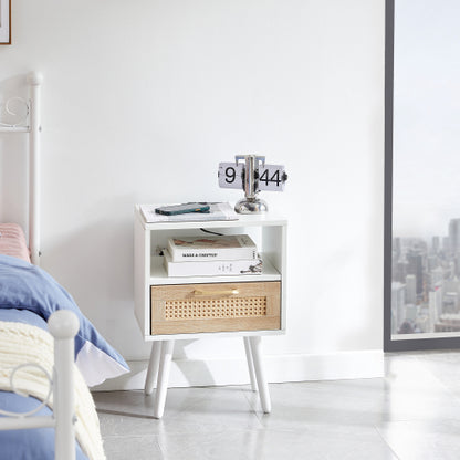 Rattan Nightstand with Charging Station, USB Ports and Drawer, Modern Bedside Table with Solid Wood Legs, White