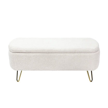 Ivory White Storage Ottoman Bench for End of Bed Gold Legs, Modern Ivory White Faux Fur Entryway Bench Upholstered Padded with Storage for Living Room Bedroom