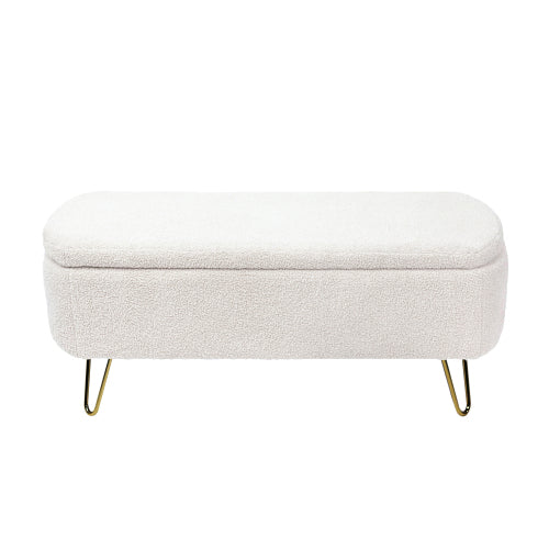 Ivory White Storage Ottoman Bench for End of Bed Gold Legs, Modern Ivory White Faux Fur Entryway Bench Upholstered Padded with Storage for Living Room Bedroom