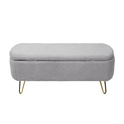 Grey Storage Ottoman Bench for End of Bed Gold Legs, Modern Grey Faux Fur Entryway Bench Upholstered Padded with Storage for Living Room Bedroom