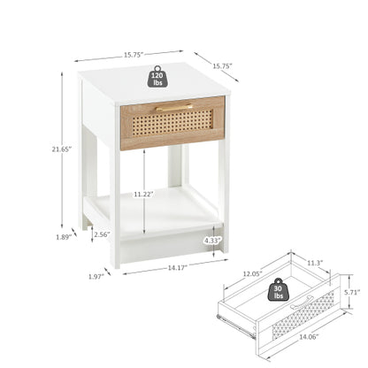 White Rattan Nightstand with Drawer, Modern Bedside Table with Storage Cabinet, Woven Side Table for Bedroom Living Room