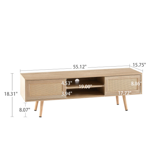 55.12 Inch Natural Rattan Sliding Door TV Cabinet With Adjustable Shelf