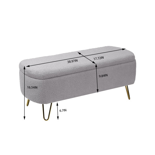 Grey Storage Ottoman Bench for End of Bed Gold Legs, Modern Grey Faux Fur Entryway Bench Upholstered Padded with Storage for Living Room Bedroom
