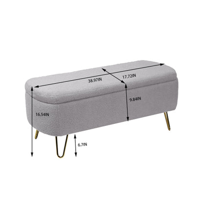 Grey Storage Ottoman Bench for End of Bed Gold Legs, Modern Grey Faux Fur Entryway Bench Upholstered Padded with Storage for Living Room Bedroom