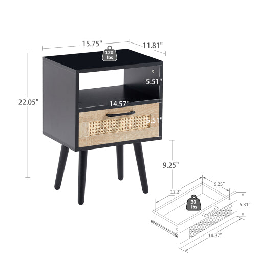Black Rattan Nightstand with Drawer & Wood Legs