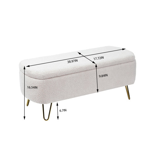 Ivory White Storage Ottoman Bench for End of Bed Gold Legs, Modern Ivory White Faux Fur Entryway Bench Upholstered Padded with Storage for Living Room Bedroom